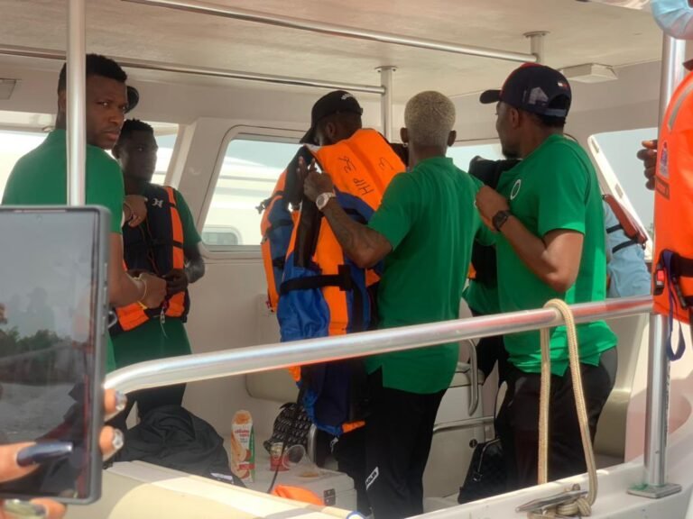 BREAKING: Super Eagles arrive Benin Republic by boat, in high spirit