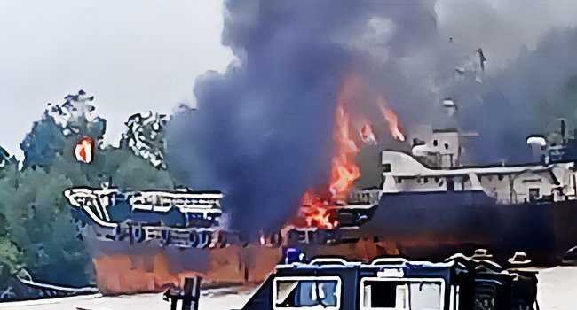 Security Operatives Set Ablaze Seized Vessel With Stolen Oil
