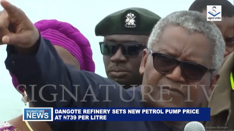 DANGOTE REFINERY SETS NEW PETROL PUMP PRICE AT ₦739 PER LITRE – WATCH VIDEO