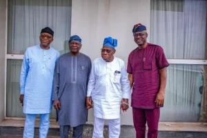 Photo: Makinde, Fayemi, Oyinlola visit Obasanjo in Abeokuta
